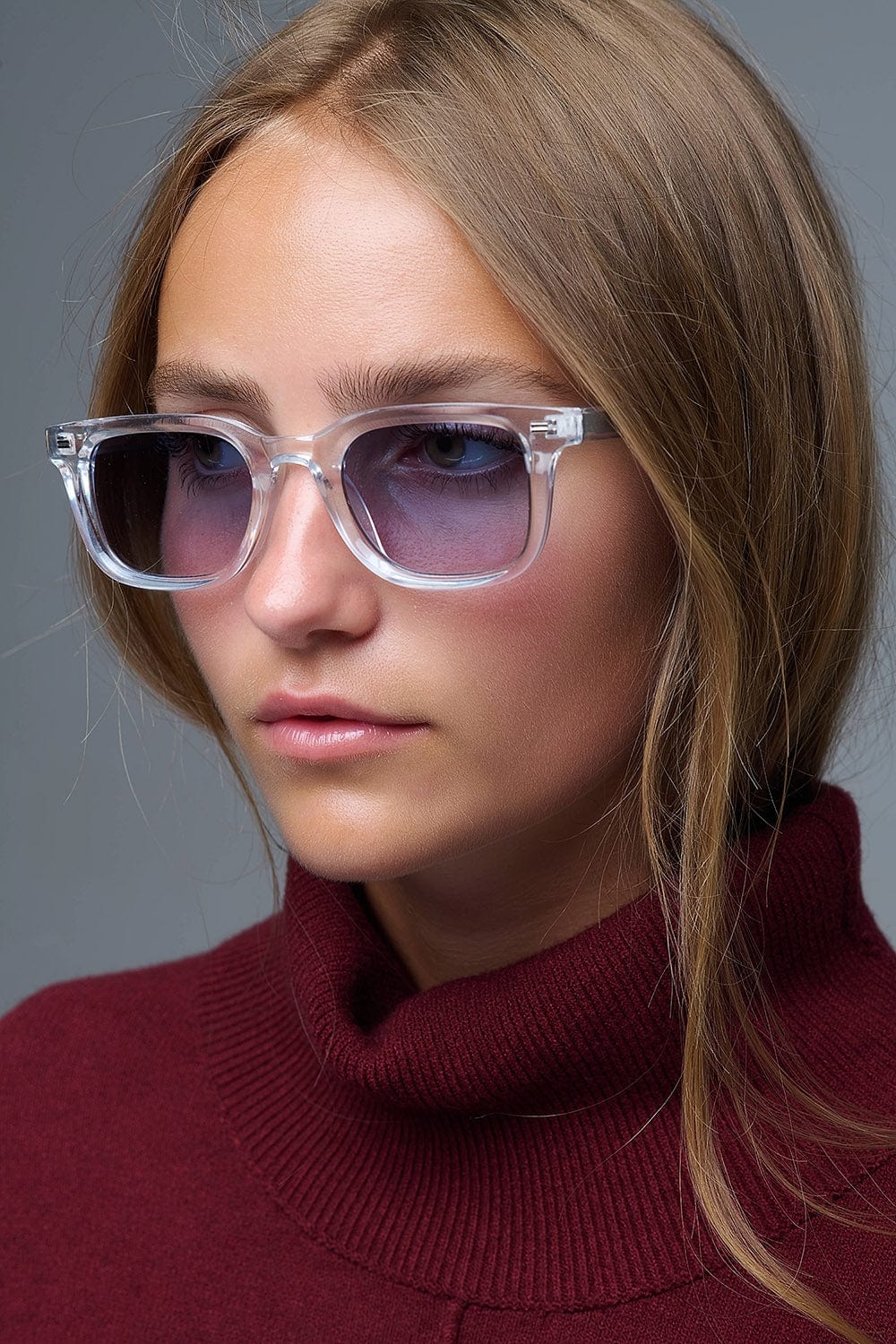 Q2 One Size / Blue Clear Square Sunglasses With Blue Gradient Lenses And Metal Side Detail