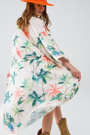 Q2 Outerwear Large / Beige Cream Open Kimono With Beach Print In Midi Length