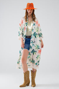 Q2 Outerwear Large / Beige Cream Open Kimono With Beach Print In Midi Length