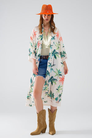 Q2 Outerwear Large / Beige Cream Open Kimono With Beach Print In Midi Length