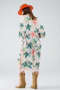 Q2 Outerwear Large / Beige Cream Open Kimono With Beach Print In Midi Length