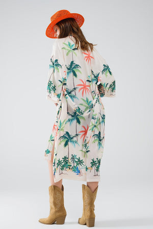 Q2 Outerwear Large / Beige Cream Open Kimono With Beach Print In Midi Length