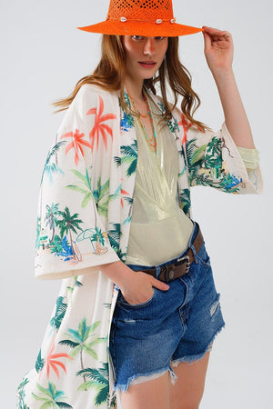 Q2 Outerwear Large / Beige Cream Open Kimono With Beach Print In Midi Length