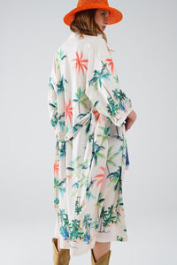 Q2 Outerwear Large / Beige Cream Open Kimono With Beach Print In Midi Length