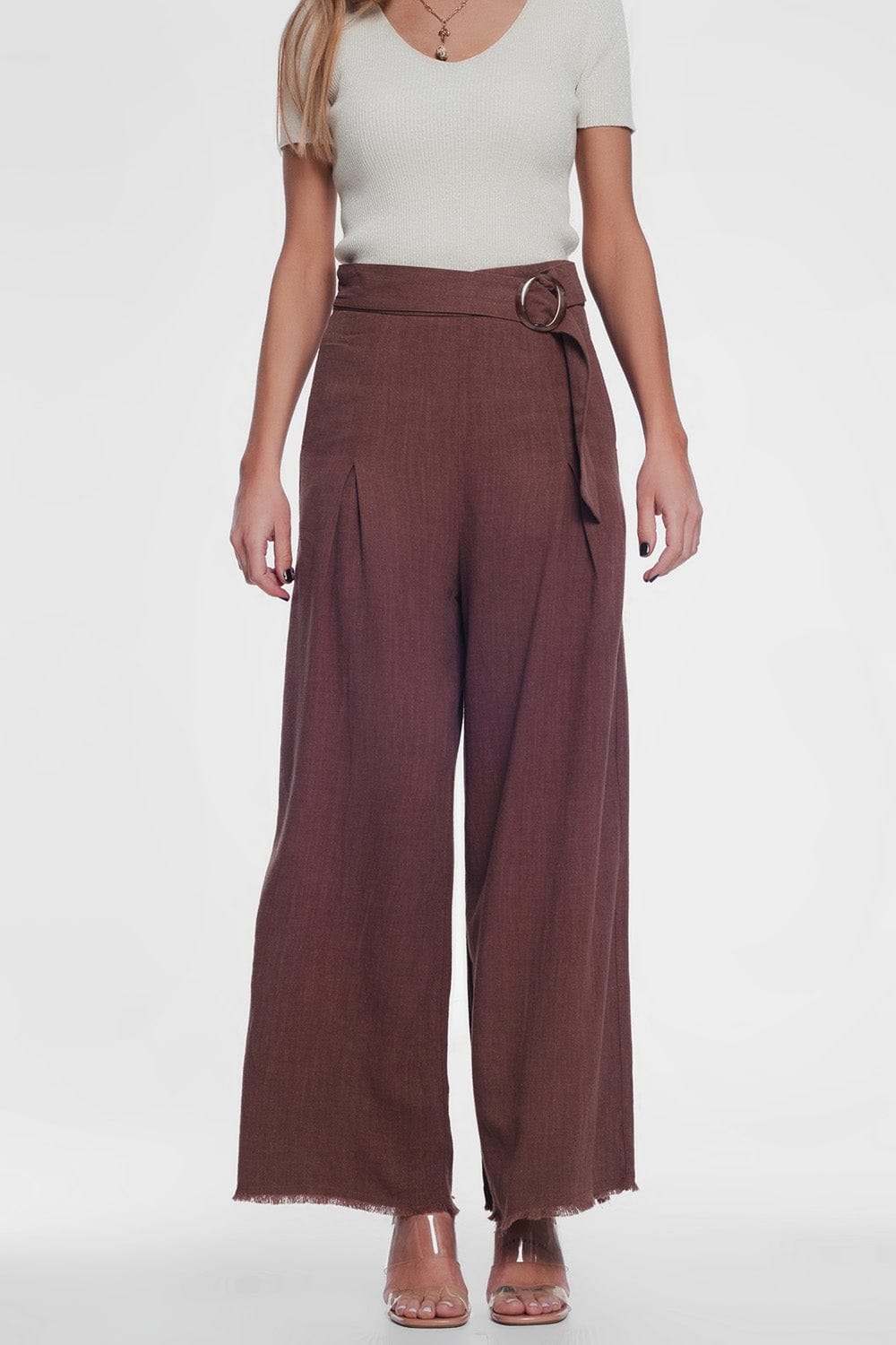 Q2 Pants belted high waist wideleg trouser in brown