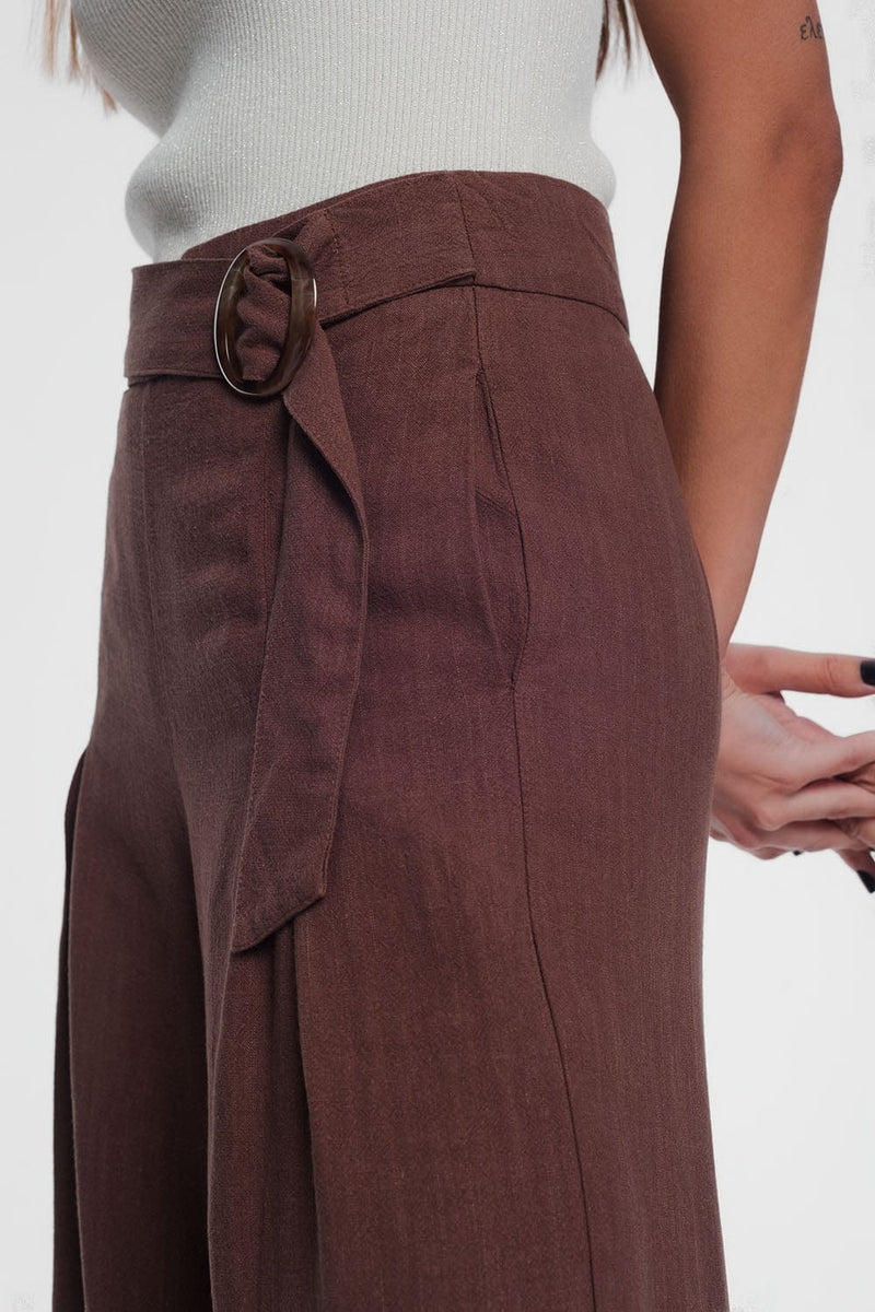 Q2 Pants belted high waist wideleg trouser in brown