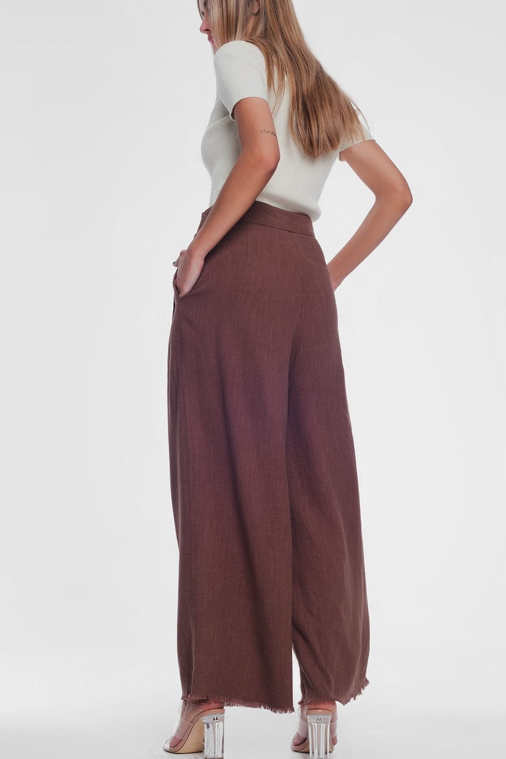 Q2 Pants belted high waist wideleg trouser in brown