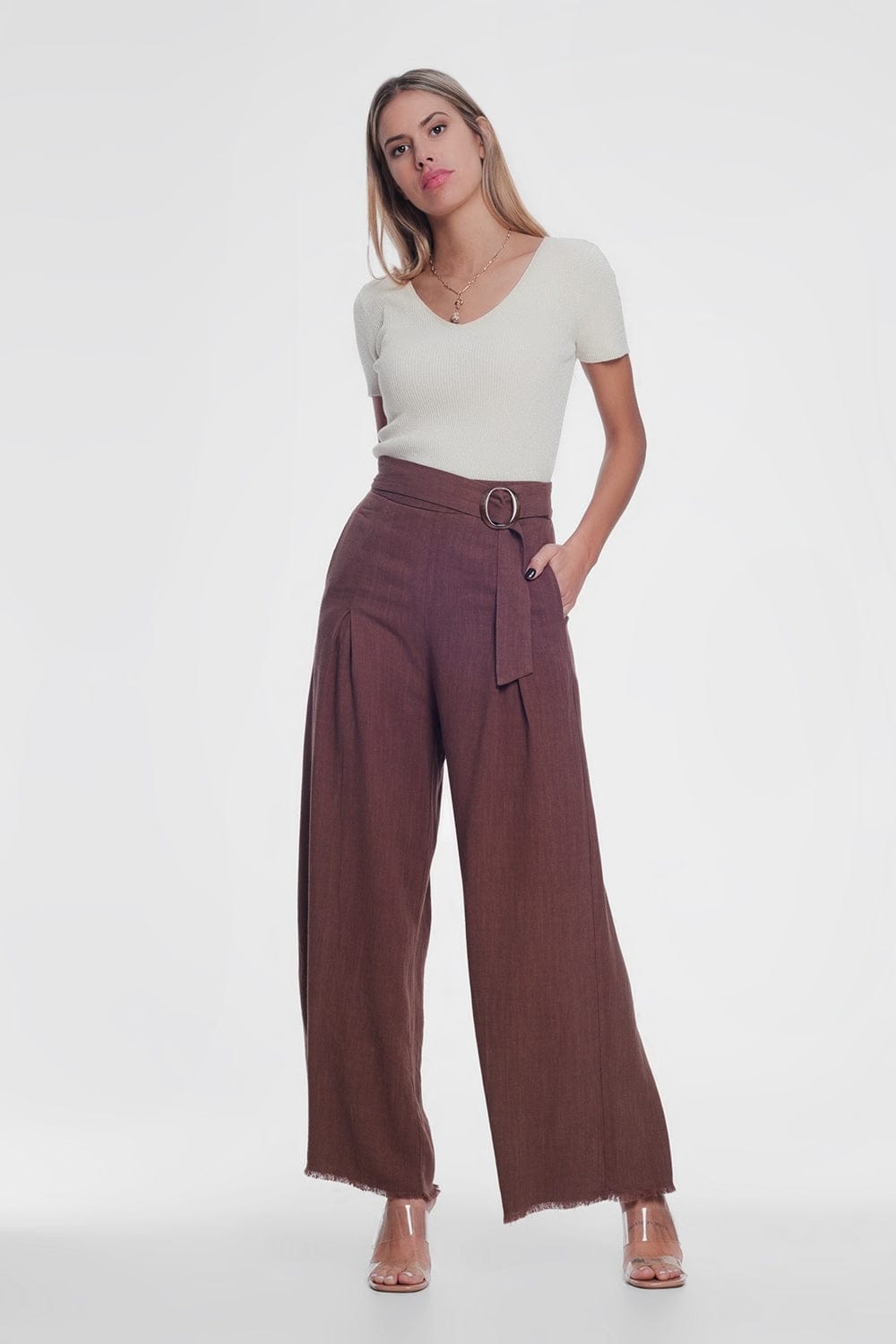 Q2 Pants belted high waist wideleg trouser in brown