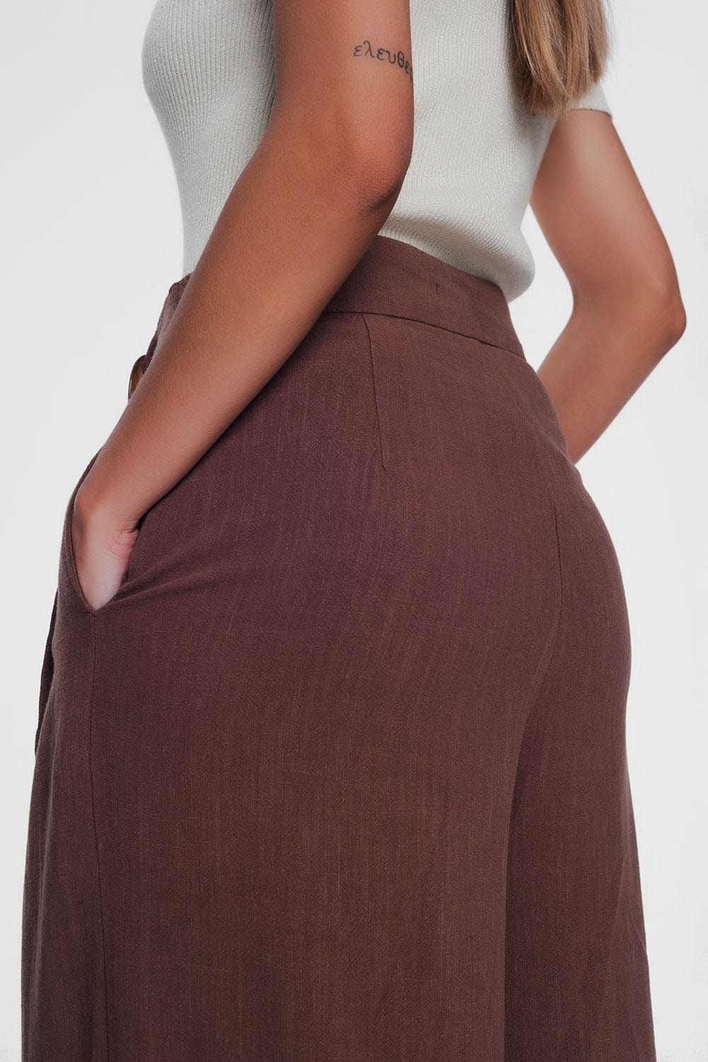Q2 Pants belted high waist wideleg trouser in brown
