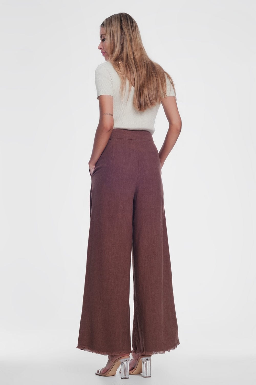 Q2 Pants belted high waist wideleg trouser in brown