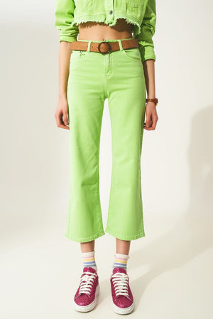 Q2 Pants Cropped wide leg jeans in acid green