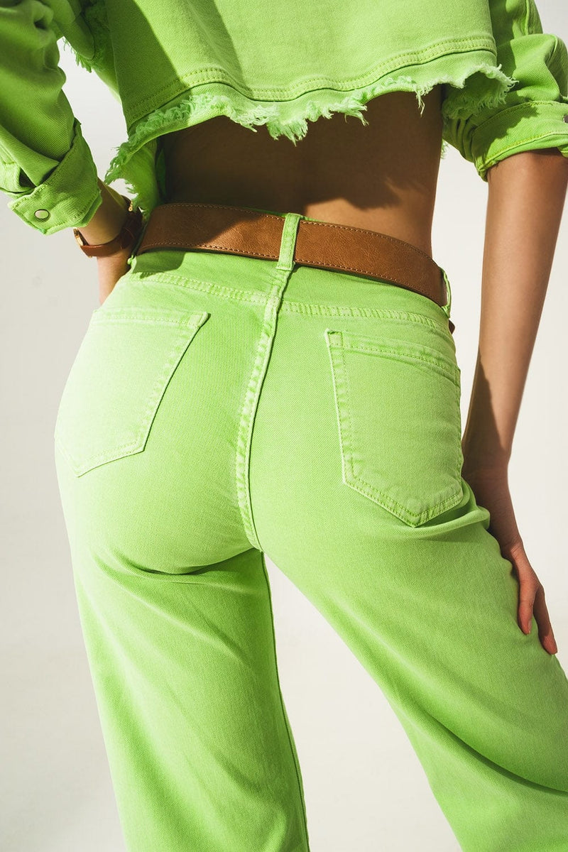 Q2 Pants Cropped wide leg jeans in acid green