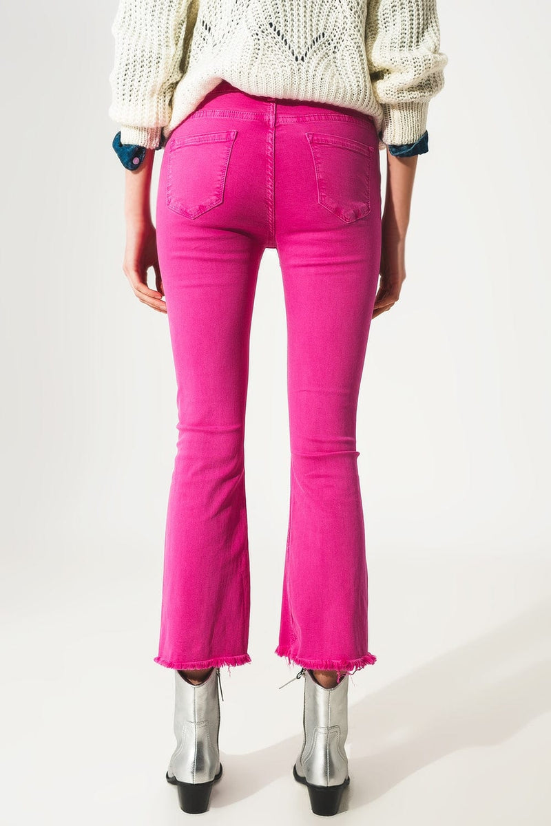 Q2 Pants Flare jeans with raw hem edge in fuchsia