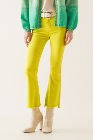 Q2 Pants Flare jeans with raw hem edge in yellow