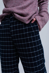 Q2 Pants Navy Pants in White Tartan Print