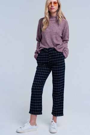 Q2 Pants Navy Pants in White Tartan Print