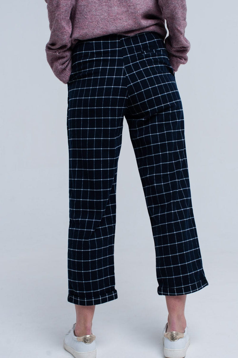 Q2 Pants Navy Pants in White Tartan Print