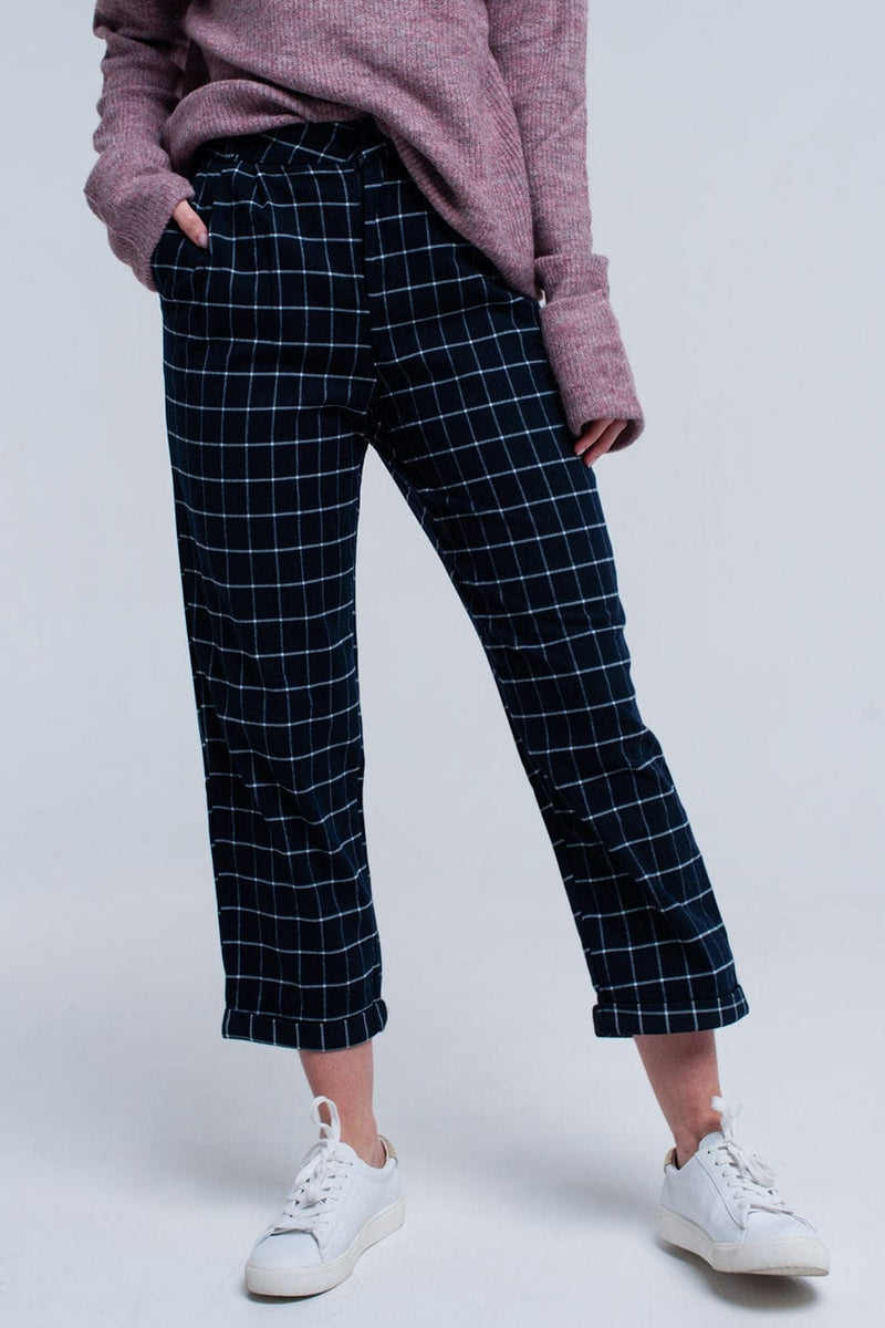 Q2 Pants Navy Pants in White Tartan Print