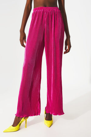 Q2 Pants Satin pleated wide leg pants in fuchsia