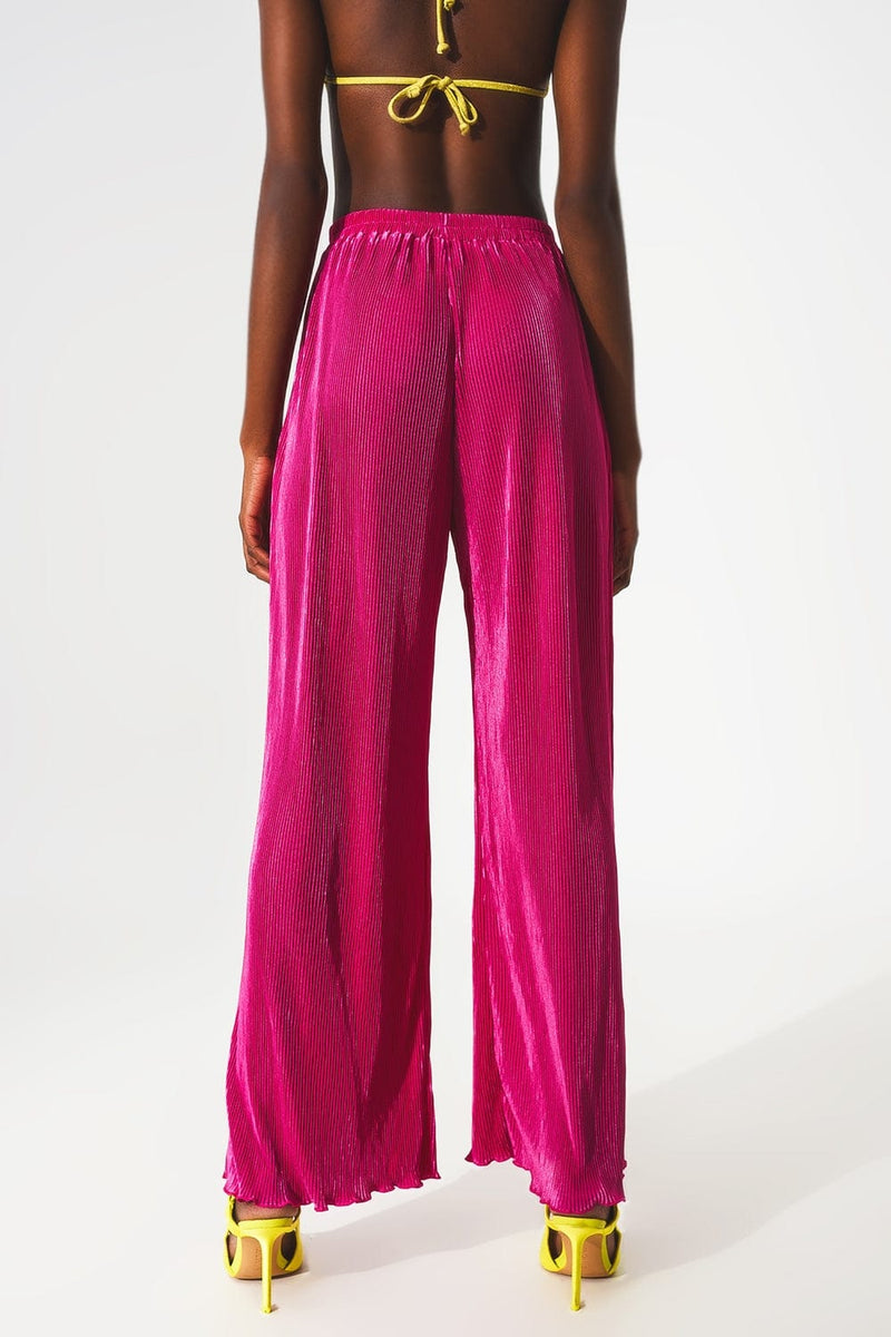 Q2 Pants Satin pleated wide leg pants in fuchsia