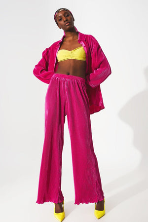 Q2 Pants Satin pleated wide leg pants in fuchsia