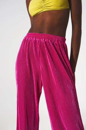 Q2 Pants Satin pleated wide leg pants in fuchsia