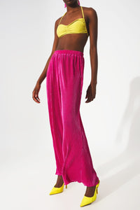 Q2 Pants Satin pleated wide leg pants in fuchsia