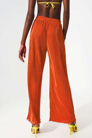 Q2 Pants Satin pleated wide leg pants in orange