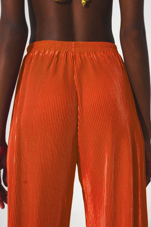 Q2 Pants Satin pleated wide leg pants in orange