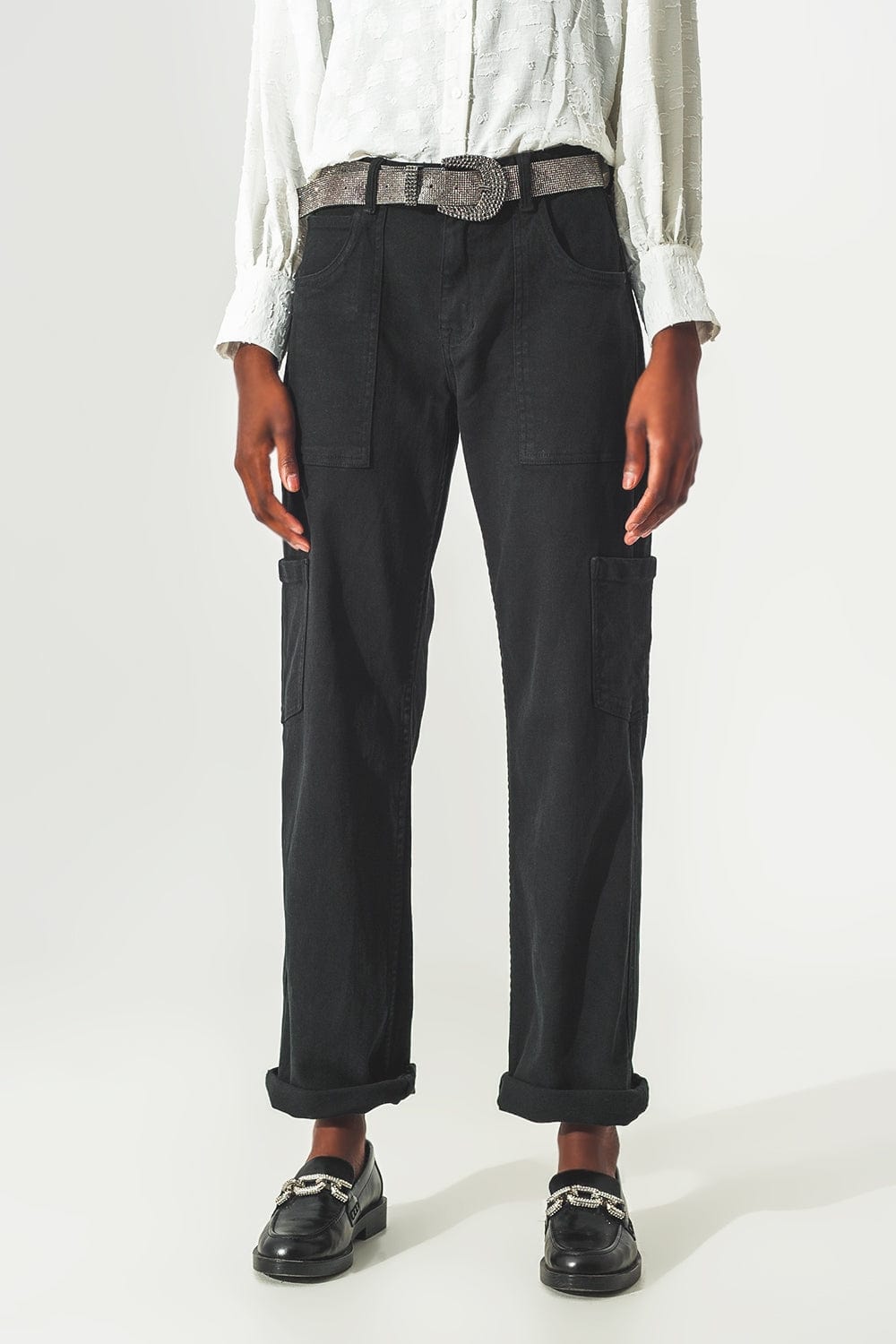 Q2 Pants Straight Leg Cargo Pants in Black