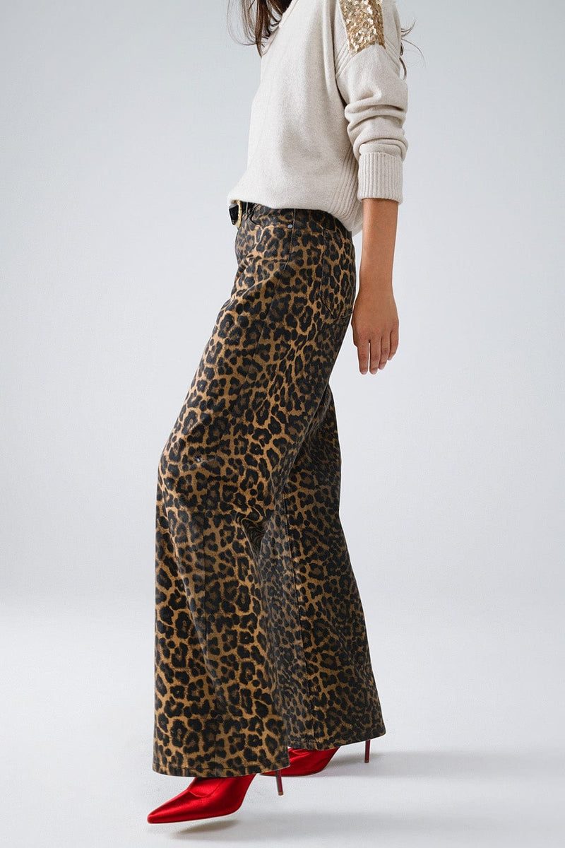Q2 Pants & Trousers Leopard Print Straight Leg Jeans