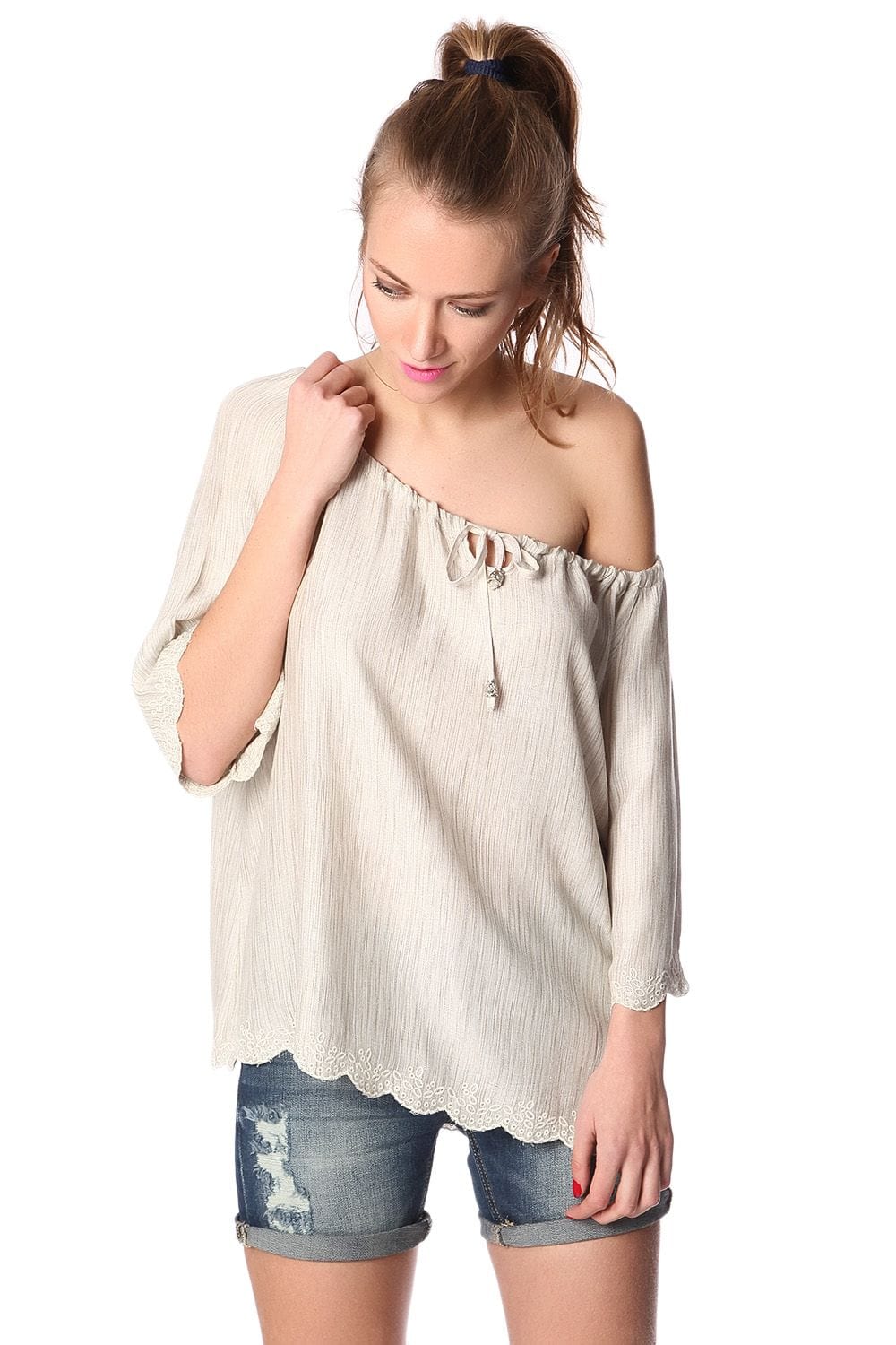 Q2 Shirts Beige off shoulder top in textured fabric with embroidered detail