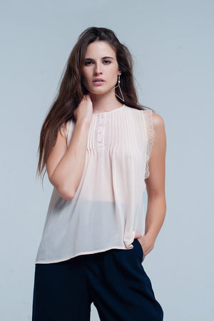 Q2 Shirts Beige sleeveless top with lace details