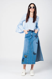 Q2 Shirts Blue crop top with fluted sleeves