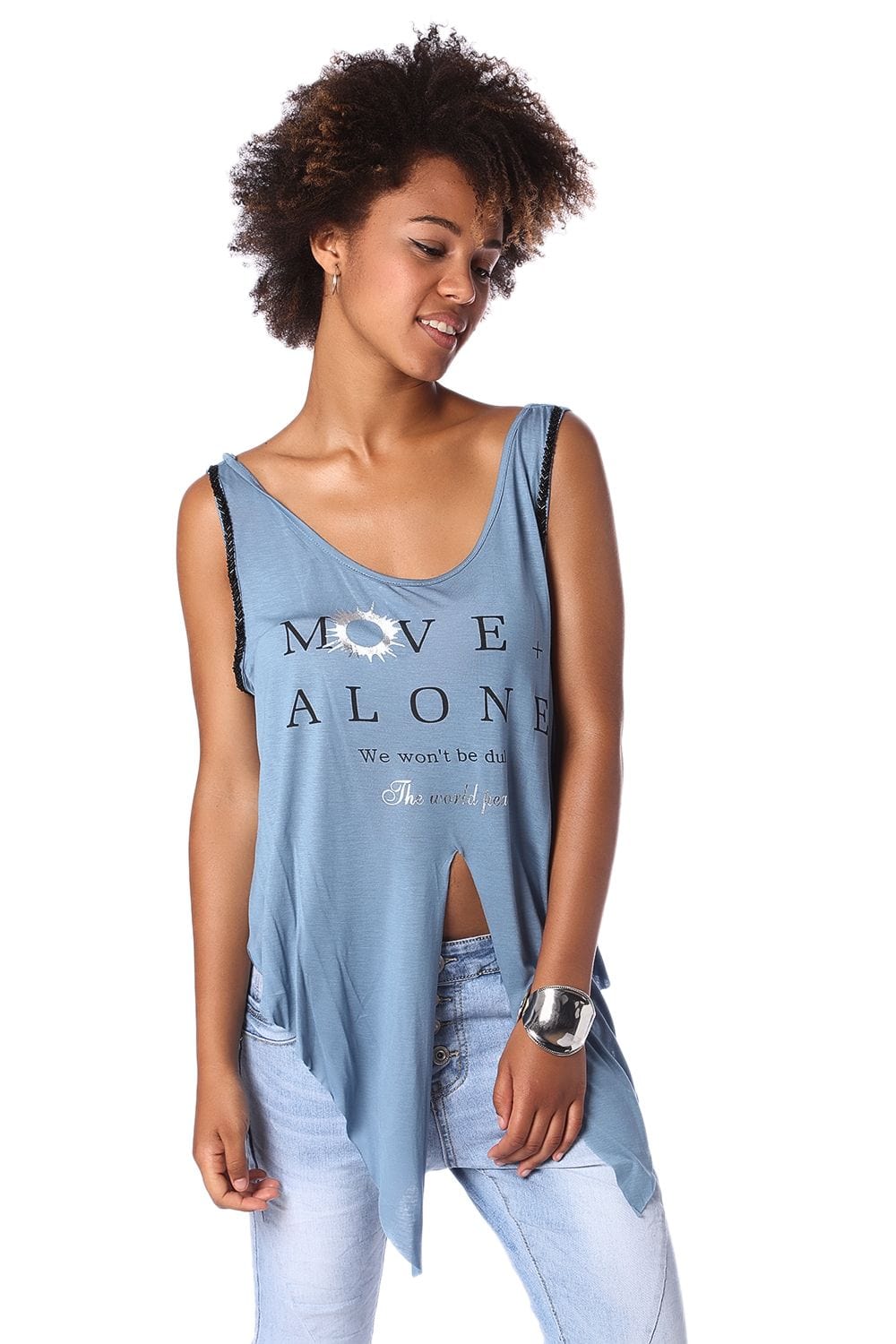 Q2 Shirts Blue logo tank top with center split