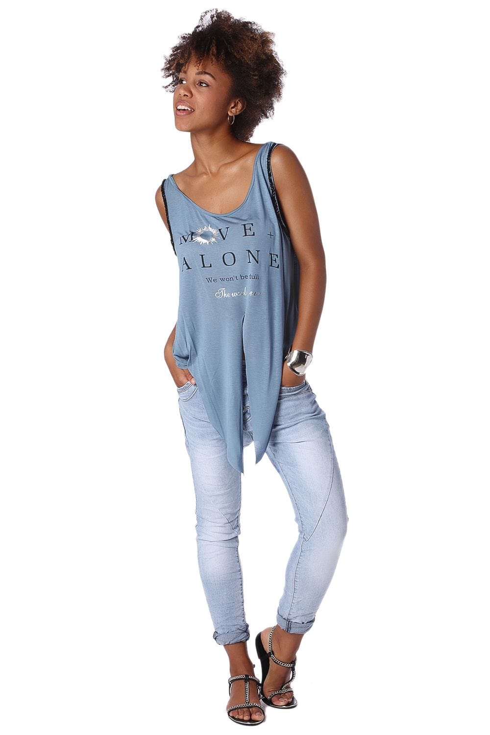 Q2 Shirts Blue logo tank top with center split