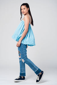 Q2 Shirts Blue top with crochet detailing