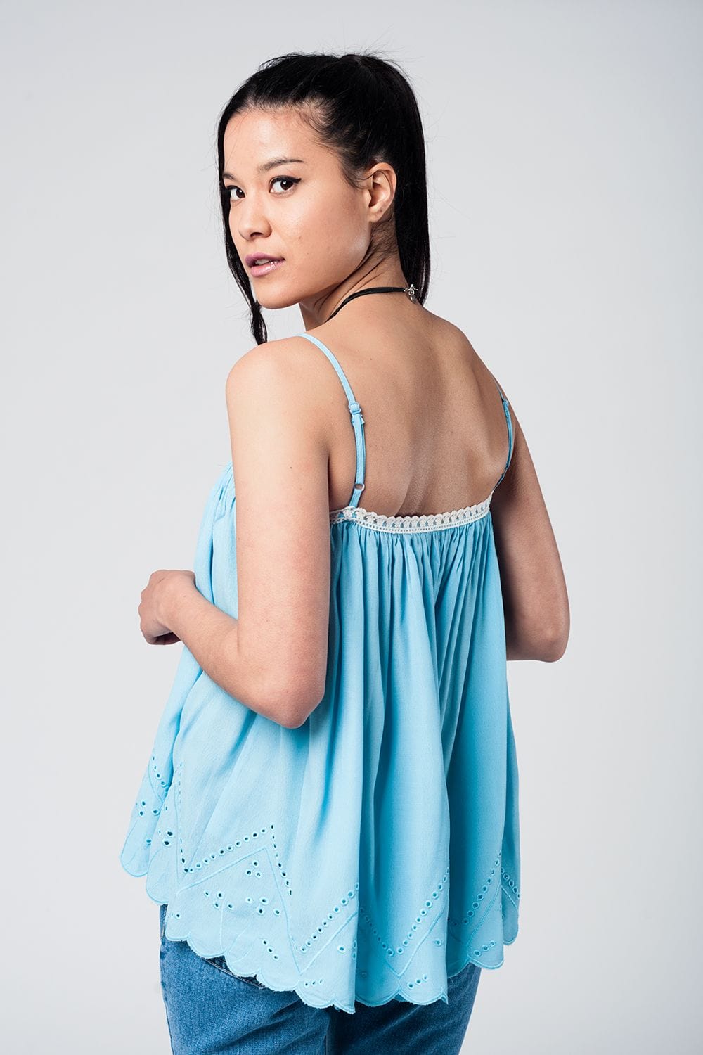 Q2 Shirts Blue top with crochet detailing