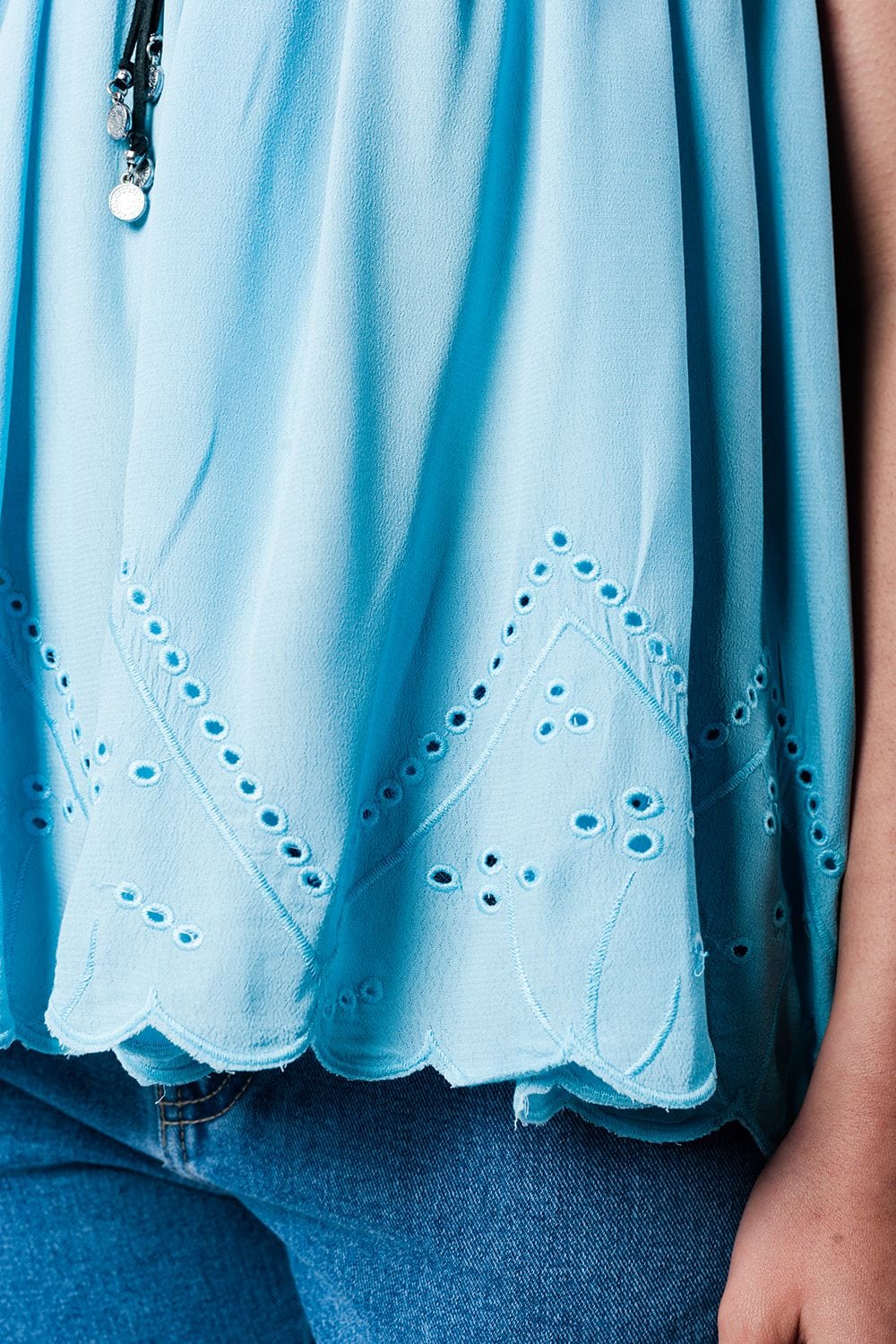 Q2 Shirts Blue top with crochet detailing