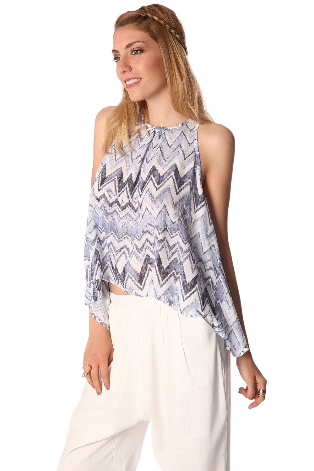 Q2 Shirts Blue top with dip back in zig zag print