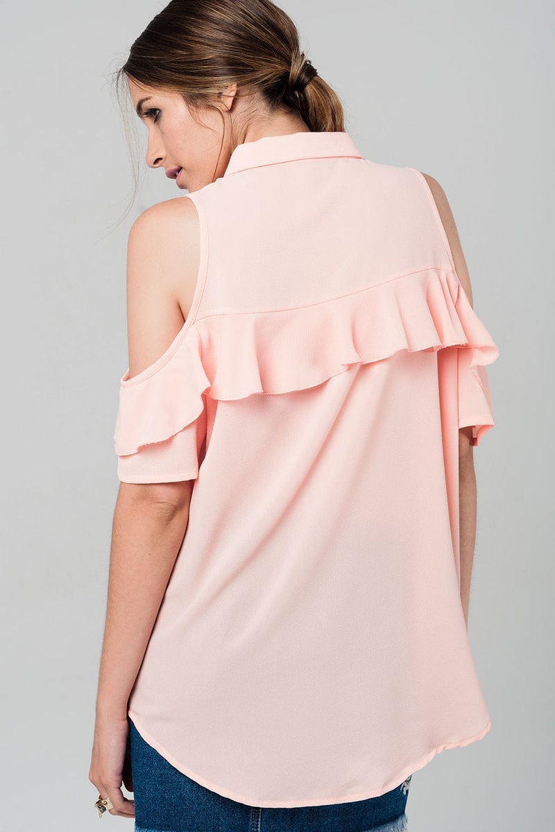 Q2 Shirts Cold shoulder ruffled shirt in pink