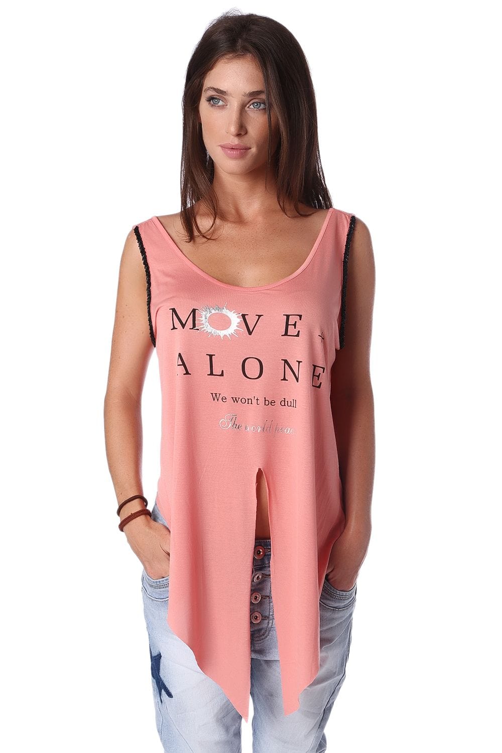 Q2 Shirts Coral logo tank top with center split