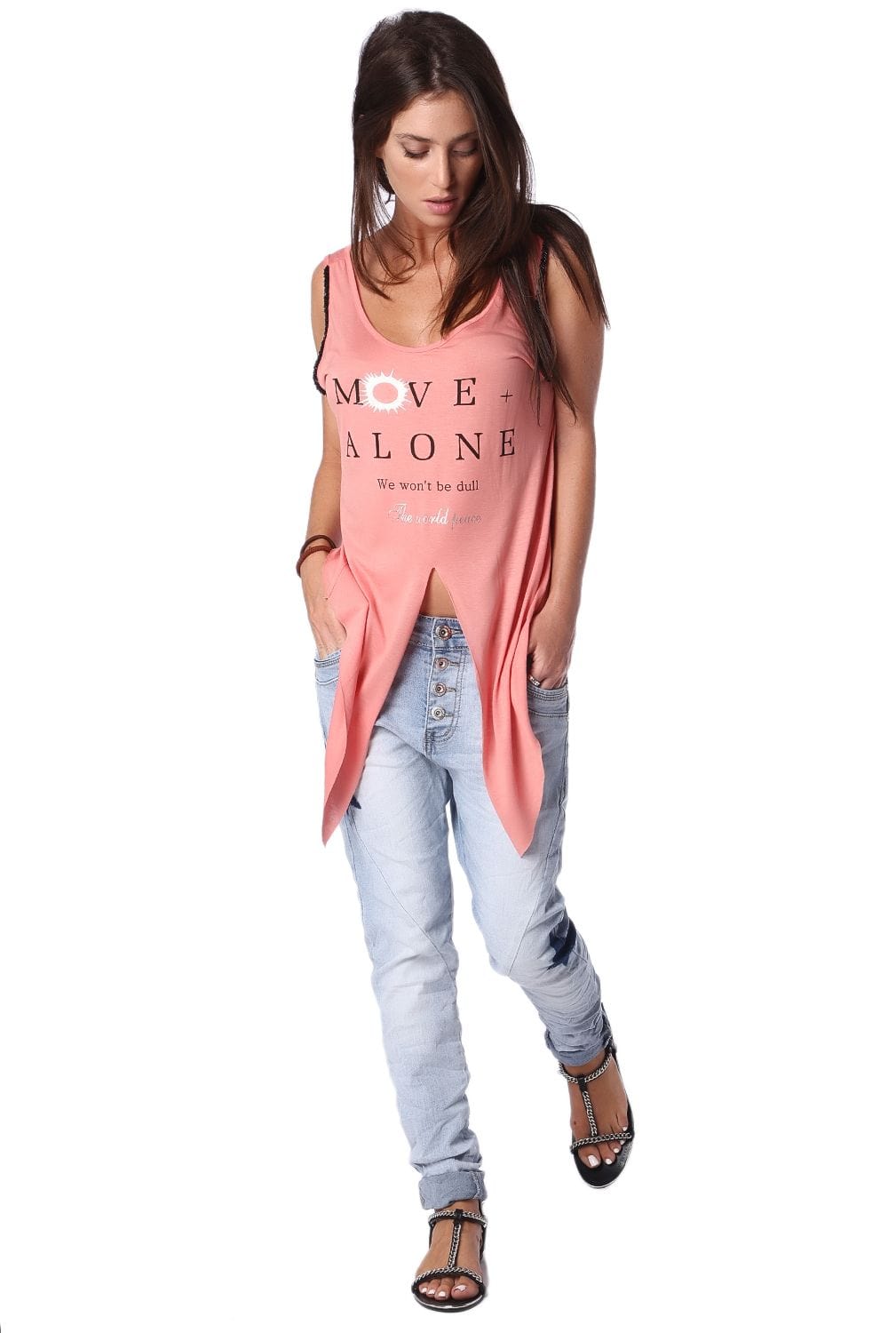 Q2 Shirts Coral logo tank top with center split