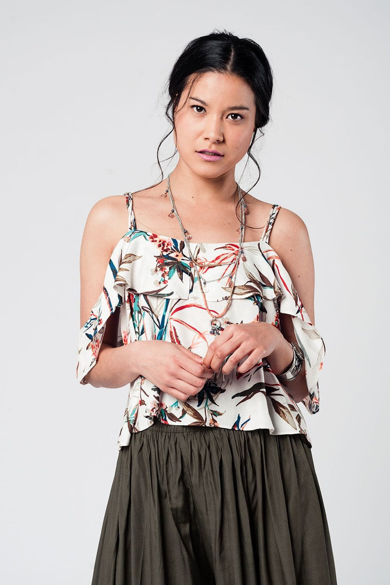 Q2 Shirts Ecru top with cold shoulder and leaves print