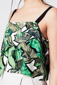 Q2 Shirts Green crop top with leaves print
