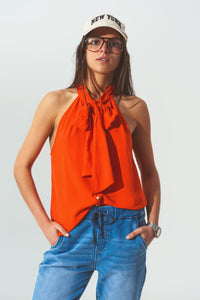 Q2 Shirts Halter Neck Top with Button Details in Orange