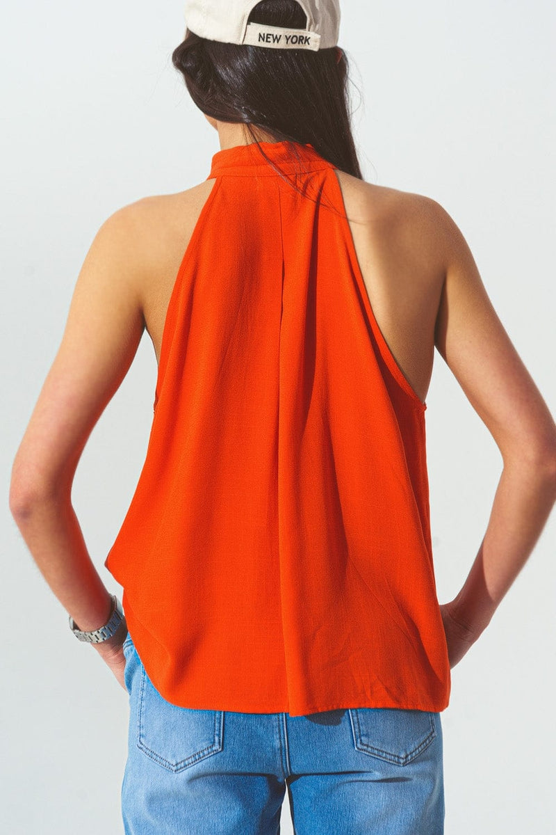 Q2 Shirts Halter Neck Top with Button Details in Orange