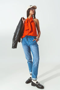 Q2 Shirts Halter Neck Top with Button Details in Orange