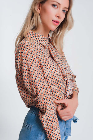 Q2 Shirts Long sleeve blouse with ruffle detail in beige