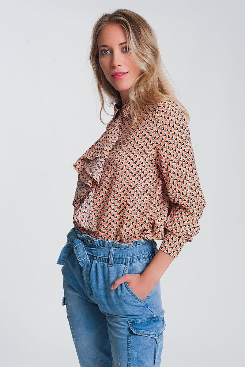Q2 Shirts Long sleeve blouse with ruffle detail in beige